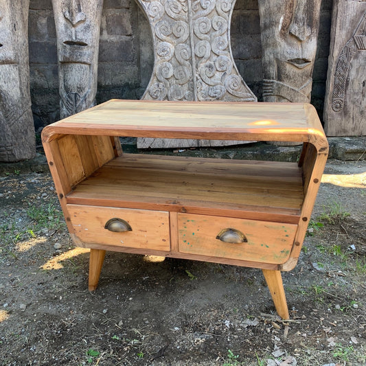 Rounded TV Stand Unit - Handmade Recycled Teak Wood - 79cm x 46cm x 61cm