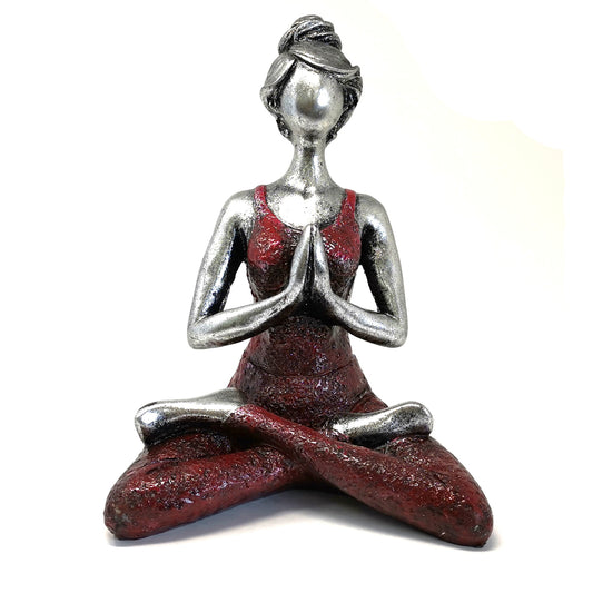 Yoga Pose Lady Figurine - Silver and Dark Red - 24cm