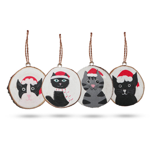 Wooden Christmas Cat - Tree Decorations - Hand Painted - Pack of 4